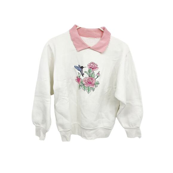 Vintage White Collared Flowers Roses Hummingbird Sweatshirt M - Picture 1 of 5
